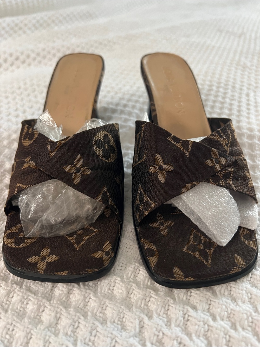 Louis Vuitton Brown Monogram Crossband Mules